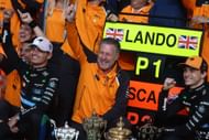 Lando Norris (L), Zak Brown, and Oscar Piastri (R) after the F1 British Grand Prix 2025 - Source: Getty